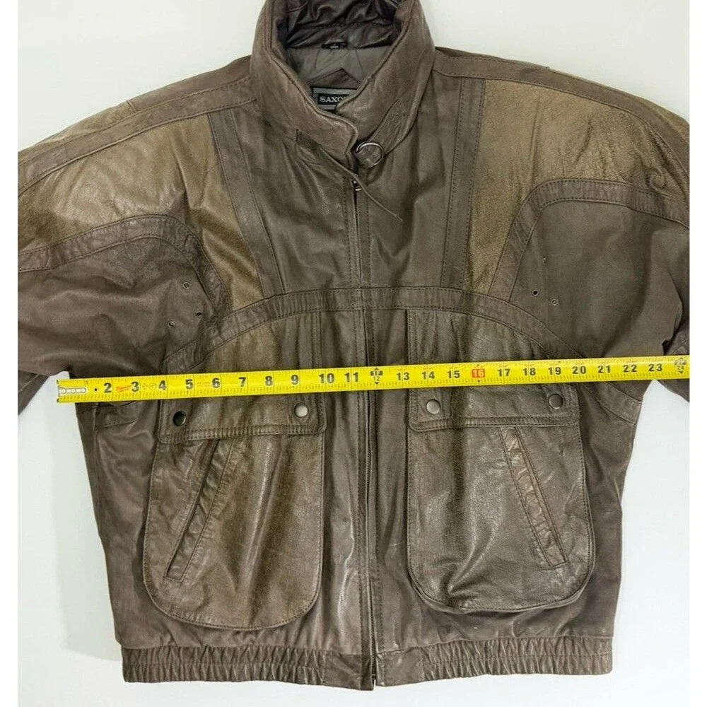 VTG Saxony Bomber Leather Jacket Mens 42 Two Tone Brown Biker Moto 90s Rare